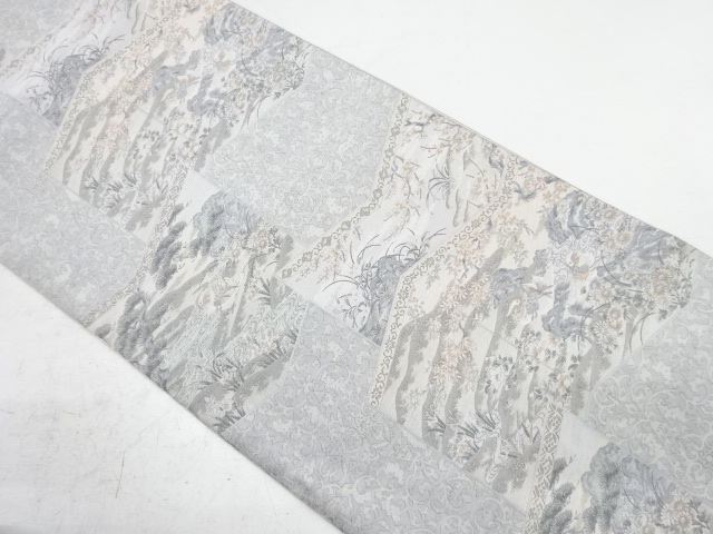 アンティーク　屏風に風景模様織り出し全通袋帯(材料)